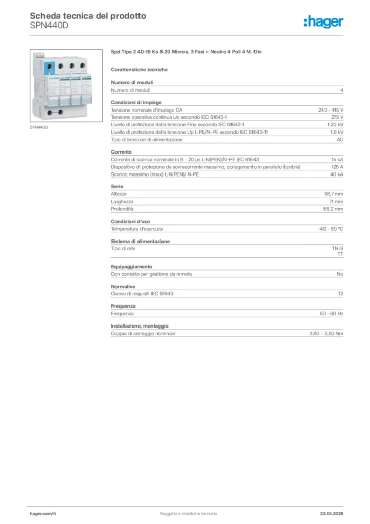 Immagine Hager Scheda tecnica del prodotto SPN440D | Hager Italia