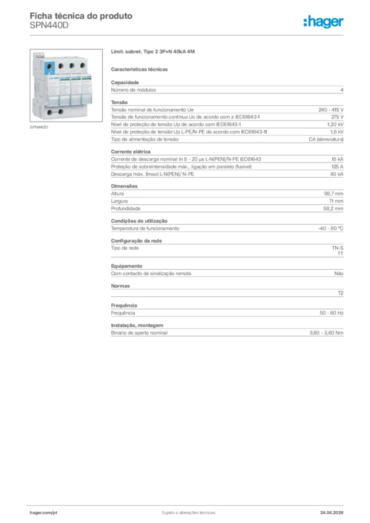 Imagem Hager Ficha técnica do produto SPN440D | Hager Portugal
