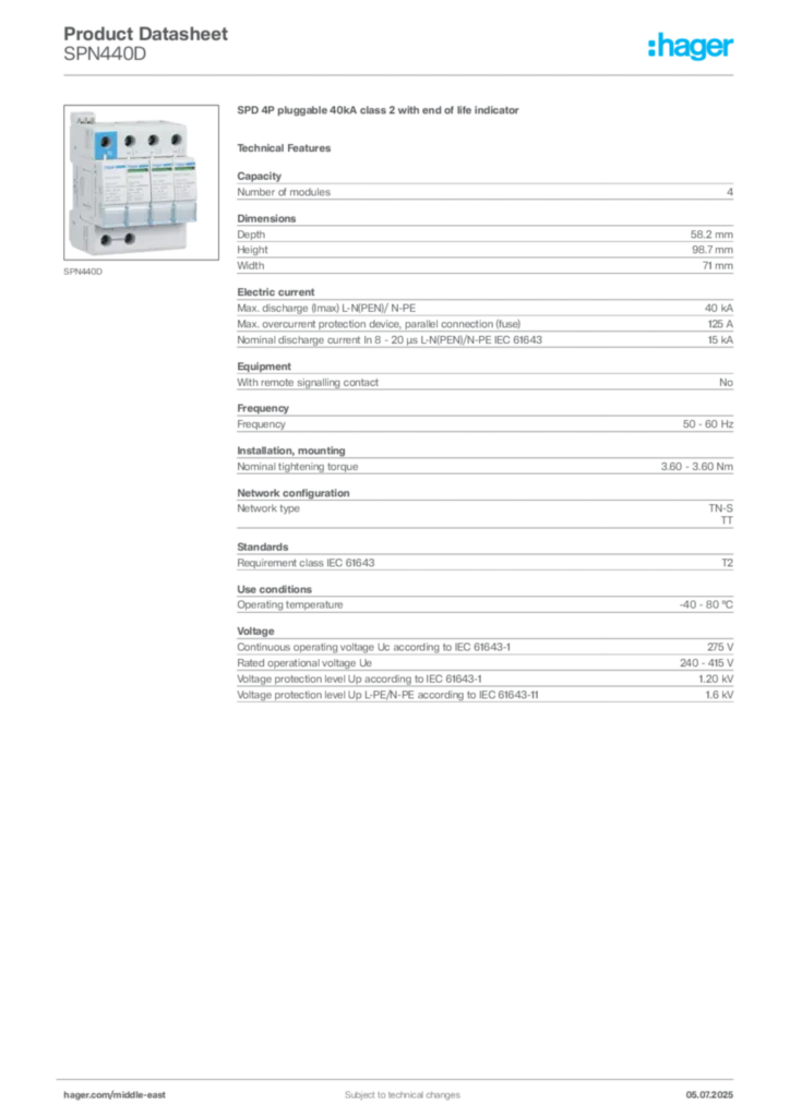 Image Hager Product data sheet SPN440D  | Hager