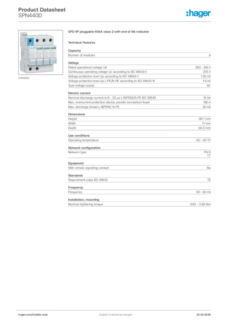 Image Hager Product data sheet SPN440D  | Hager