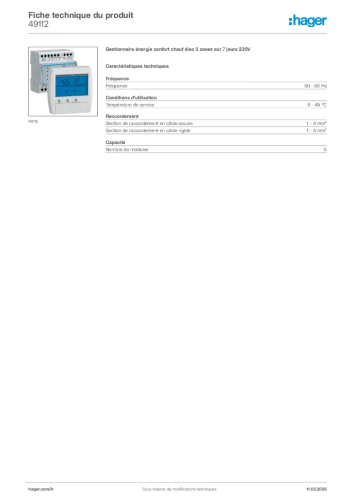 Image Hager Fiche technique du produit 49112 | Hager France