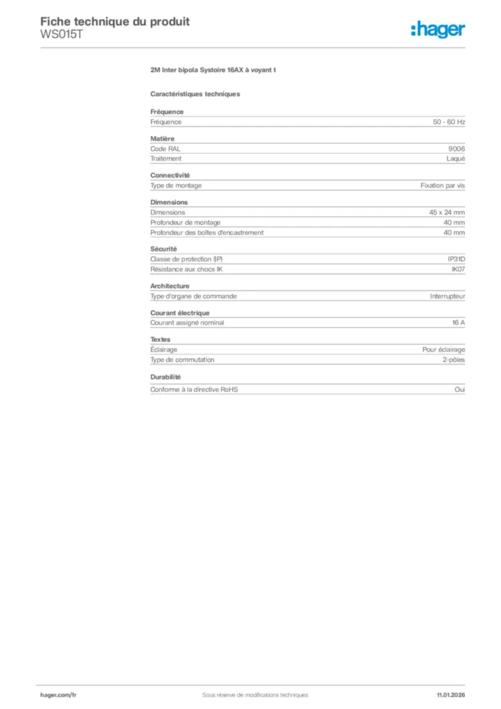 Image Hager Fiche technique du produit WS015T | Hager France