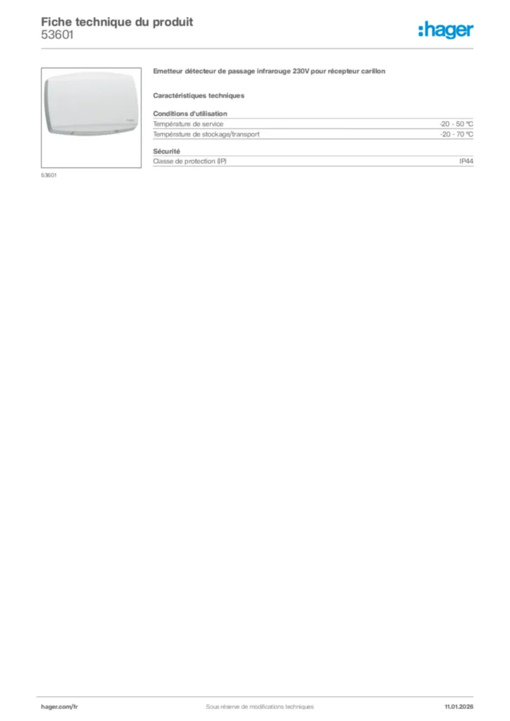 Image Hager Fiche technique du produit 53601 | Hager France