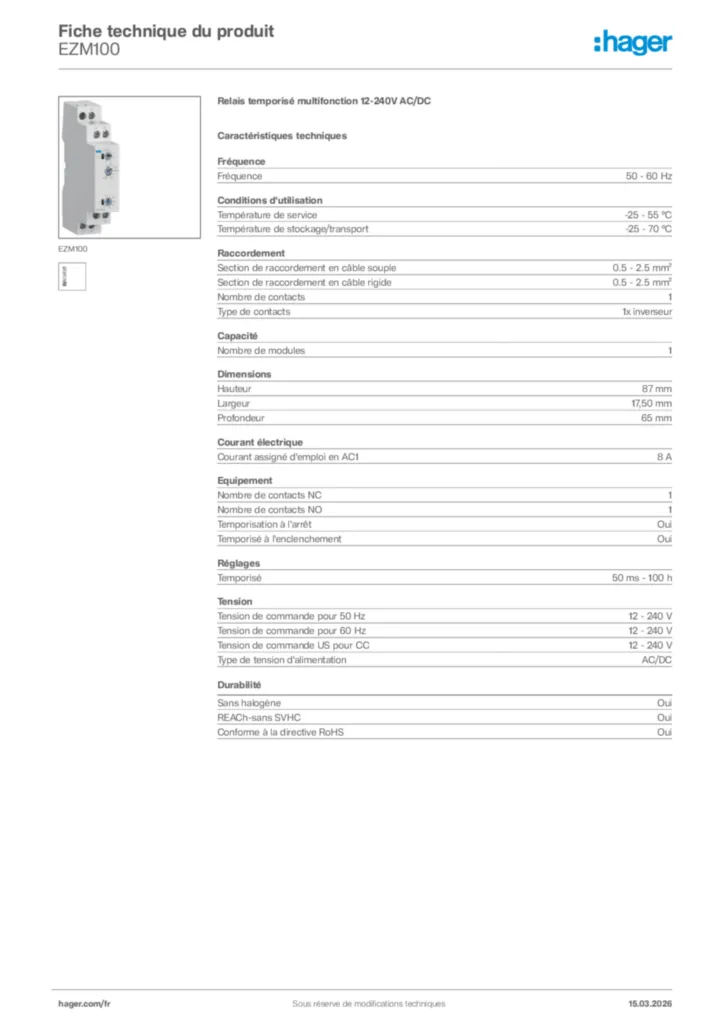 Image Hager Fiche technique du produit EZM100 | Hager France