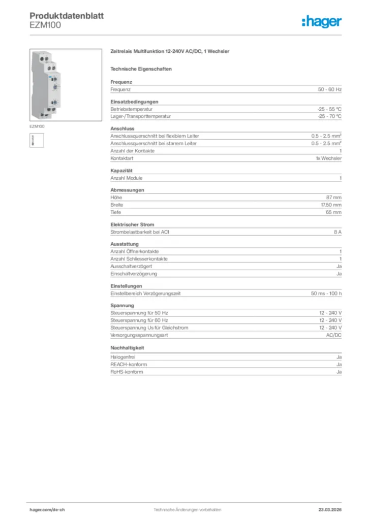 Bild Hager Produktdatenblatt EZM100 | Hager Schweiz