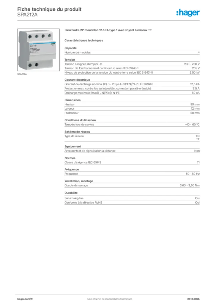 Image Hager Fiche technique du produit SPA212A | Hager France