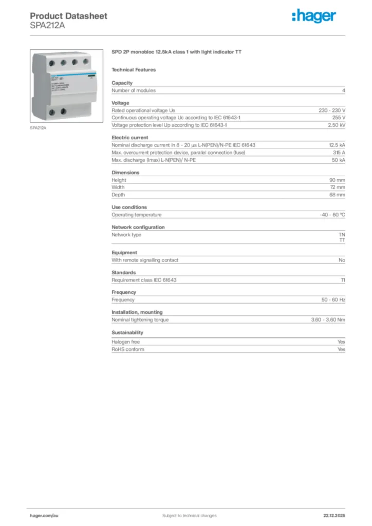 Image Hager Product data sheet SPA212A  | Hager Australia