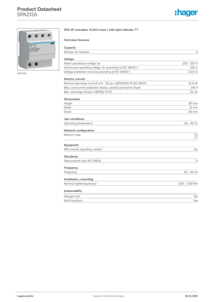 Image Hager Product data sheet SPA212A  | Hager New Zealand