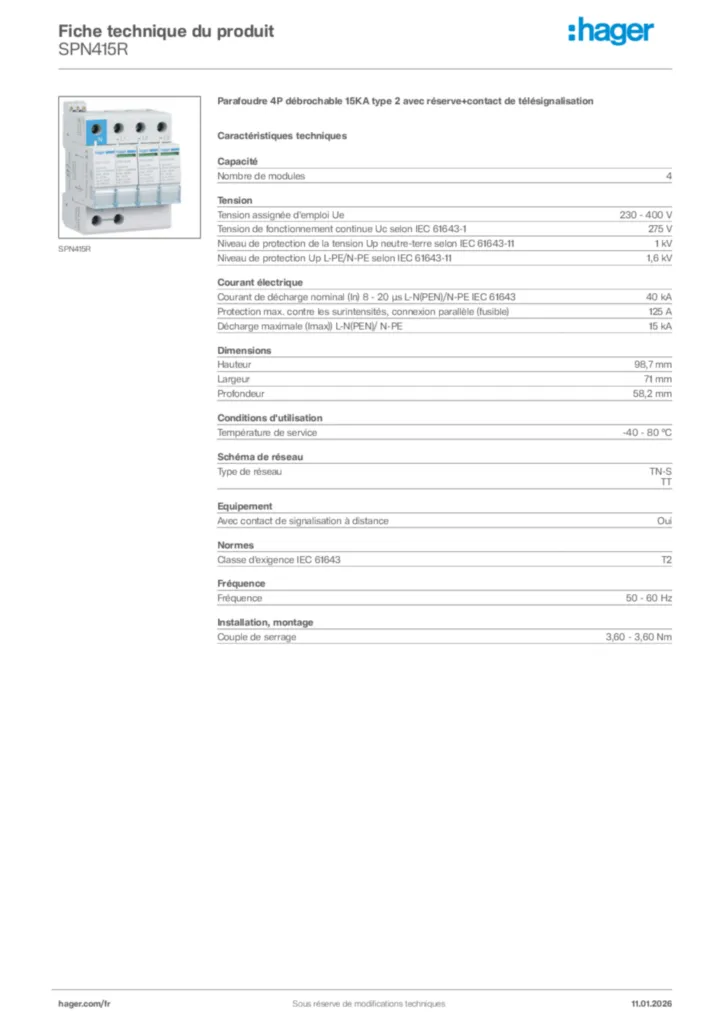Image Hager Fiche technique du produit SPN415R | Hager France