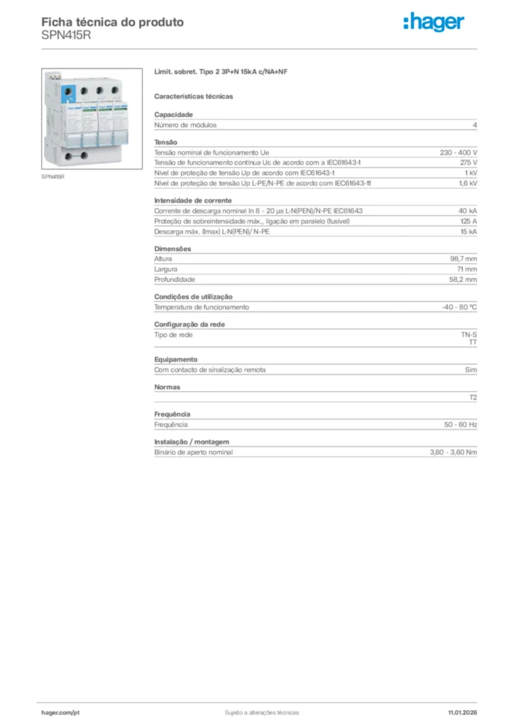 Imagem Hager Ficha técnica do produto SPN415R | Hager Portugal