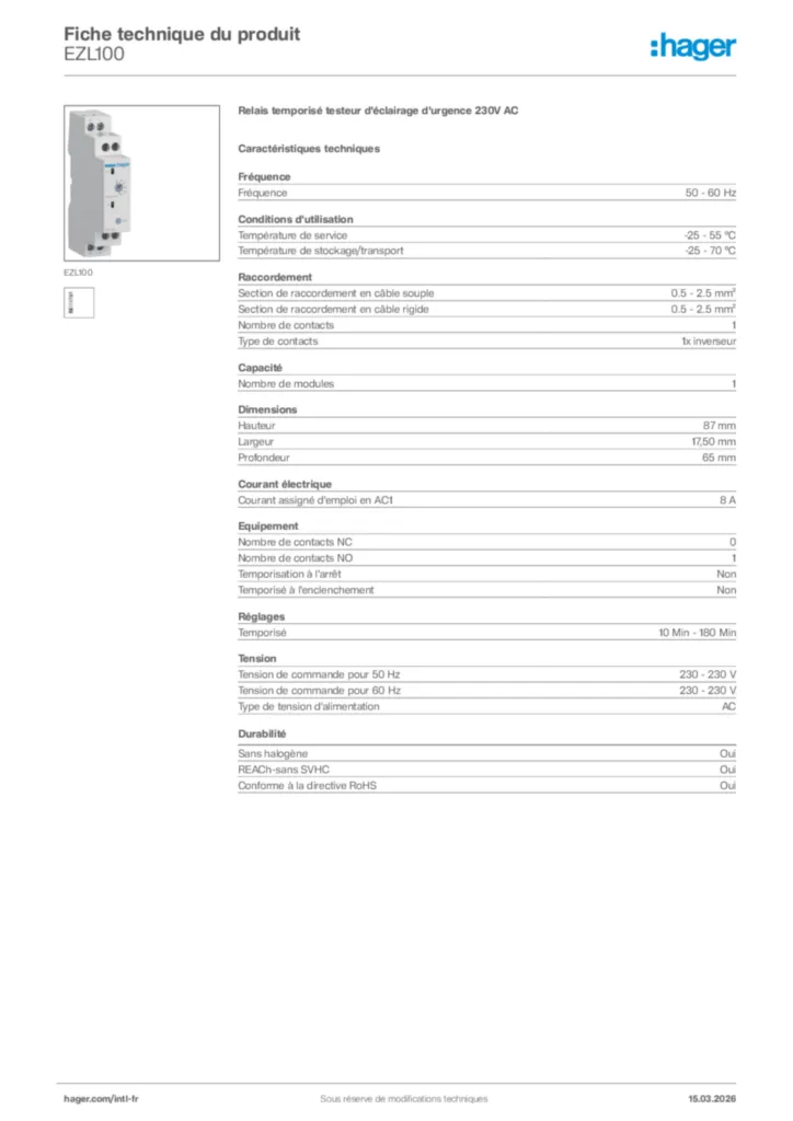 Image Hager Fiche technique du produit EZL100 | Hager Afrique