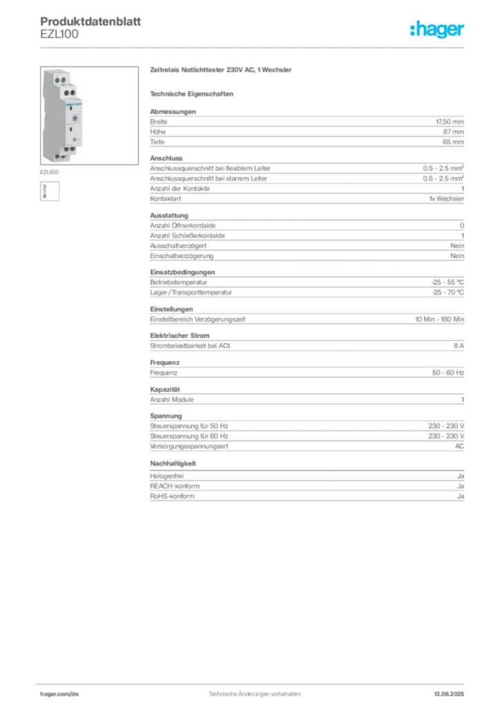 Bild Hager Produktdatenblatt EZL100 | Hager Deutschland