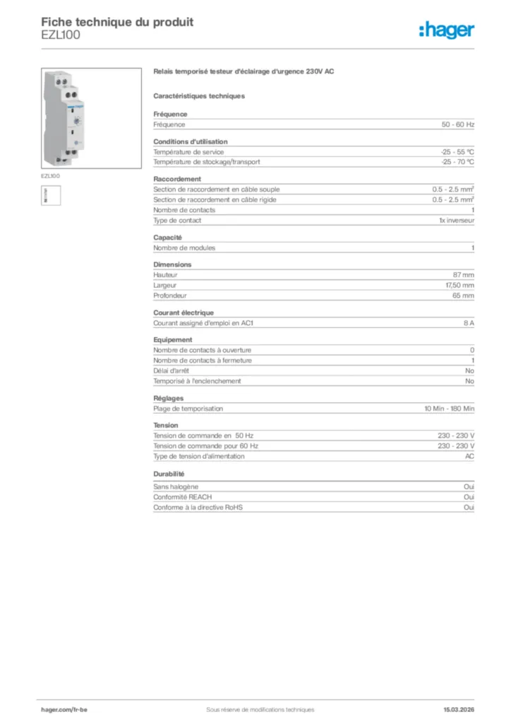Image Hager Fiche technique du produit EZL100 | Hager Belgique