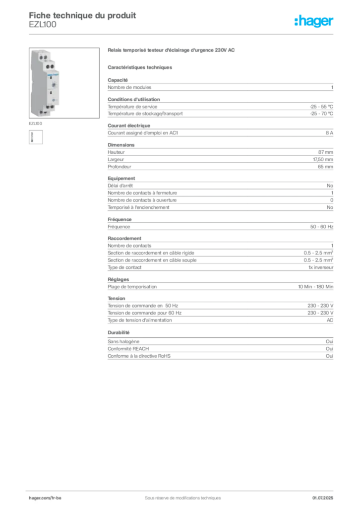 Image Hager Fiche technique du produit EZL100 | Hager Belgique
