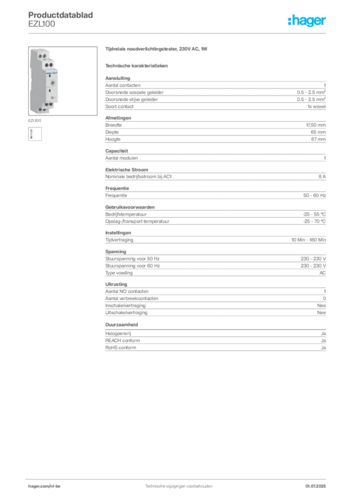 Afbeelding Hager Productdatablad EZL100 | Hager Belgium