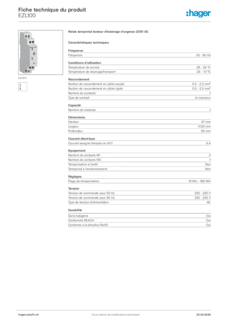 Image Hager Fiche technique du produit EZL100 | Hager Suisse