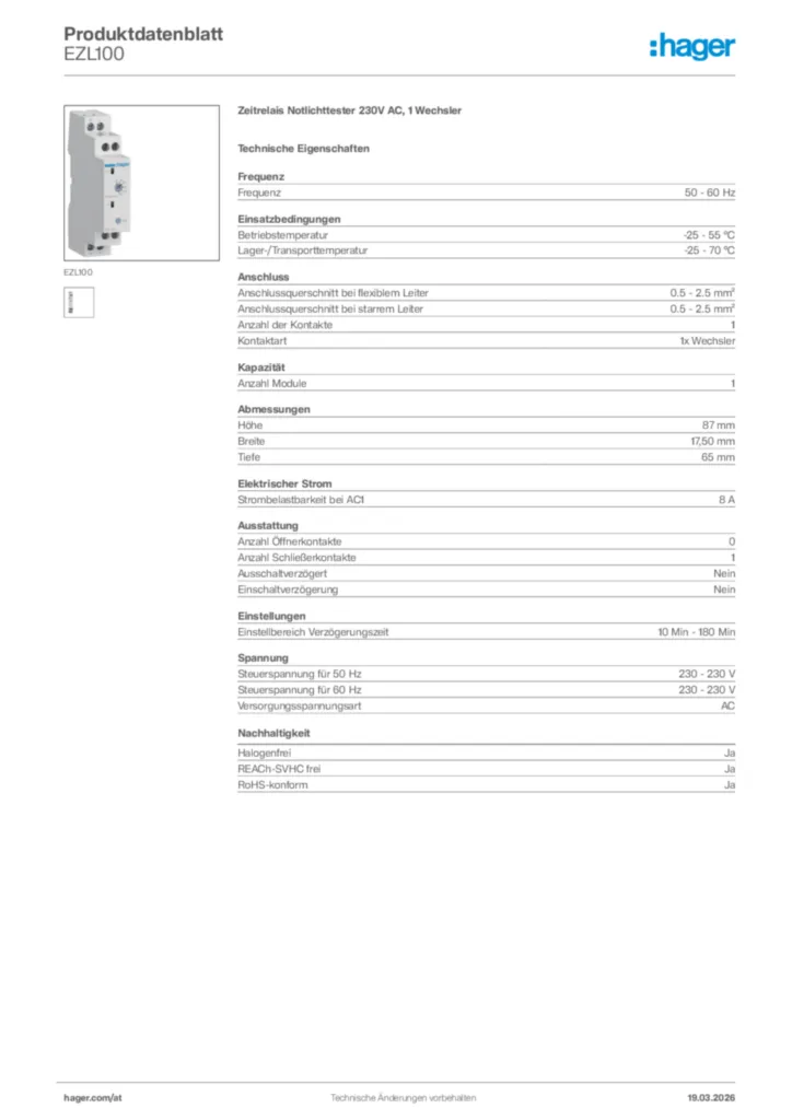 Bild Hager Produktdatenblatt EZL100 | Hager Deutschland