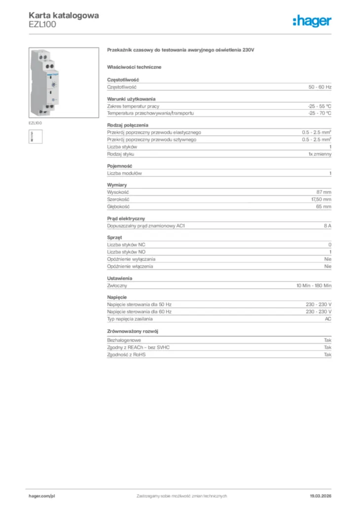 Zdjęcie Hager Karta katalogowa EZL100 | Hager Polska