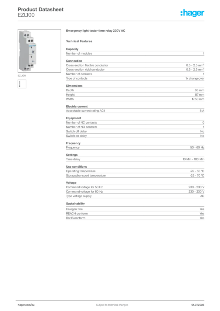 Image Hager Product data sheet EZL100  | Hager Australia