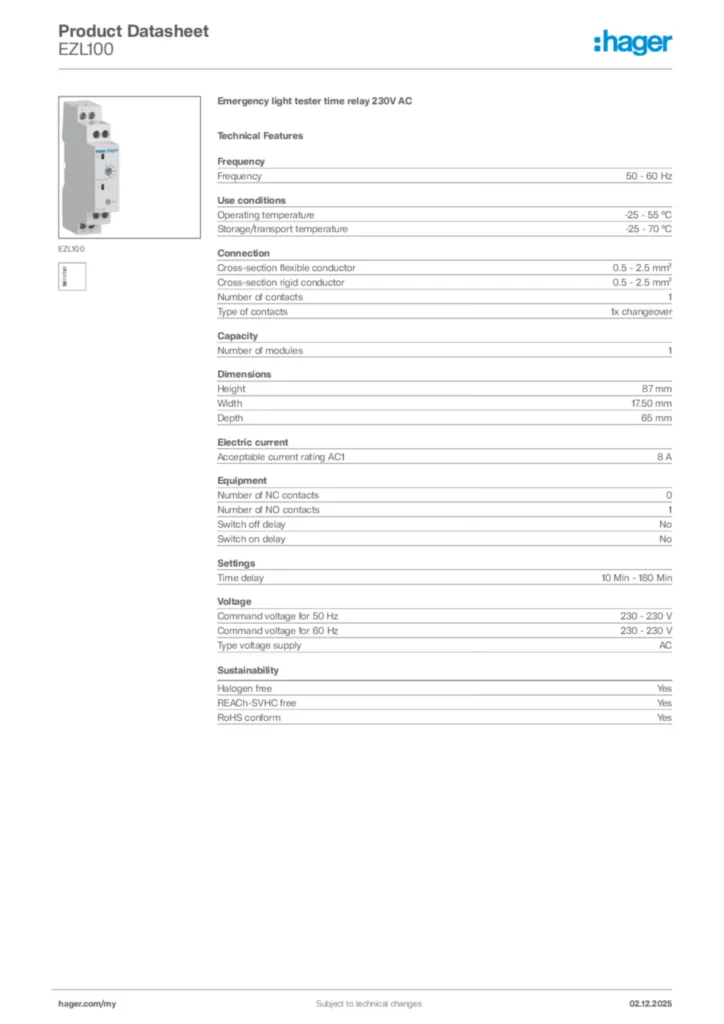 Image Hager Product data sheet EZL100  | Hager
