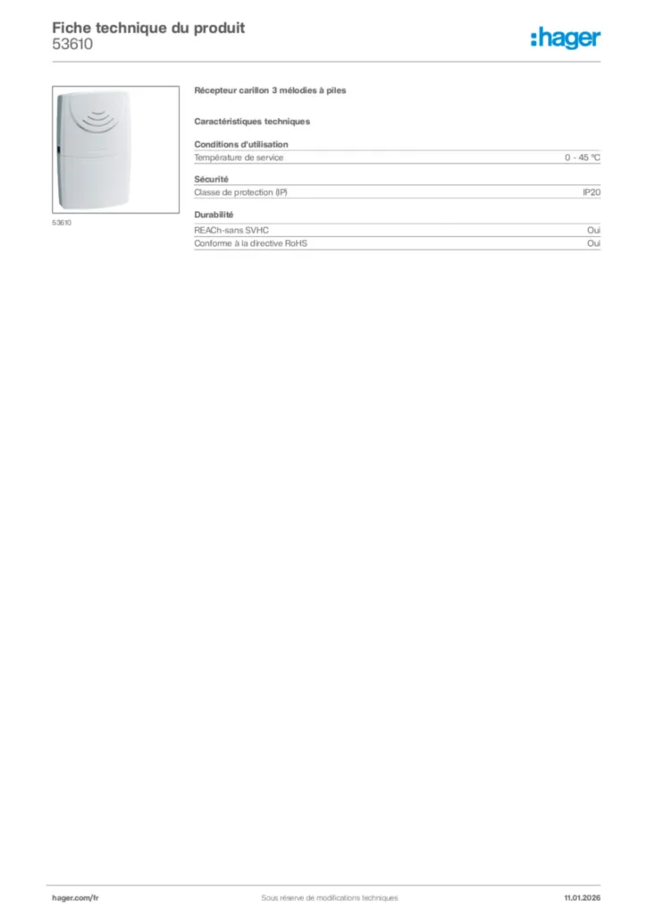 Image Hager Fiche technique du produit 53610 | Hager France