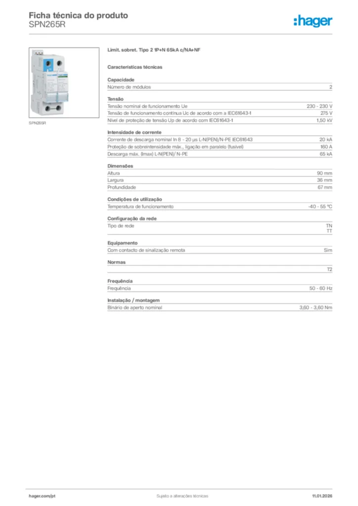 Imagem Hager Ficha técnica do produto SPN265R | Hager Portugal