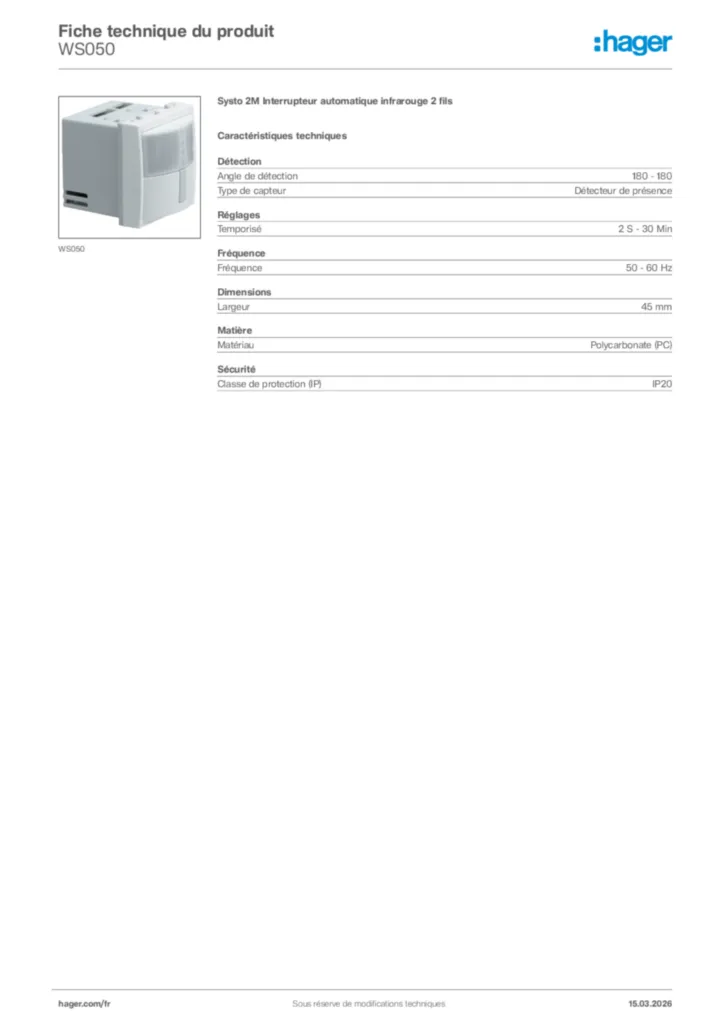 Image Hager Fiche technique du produit WS050 | Hager France