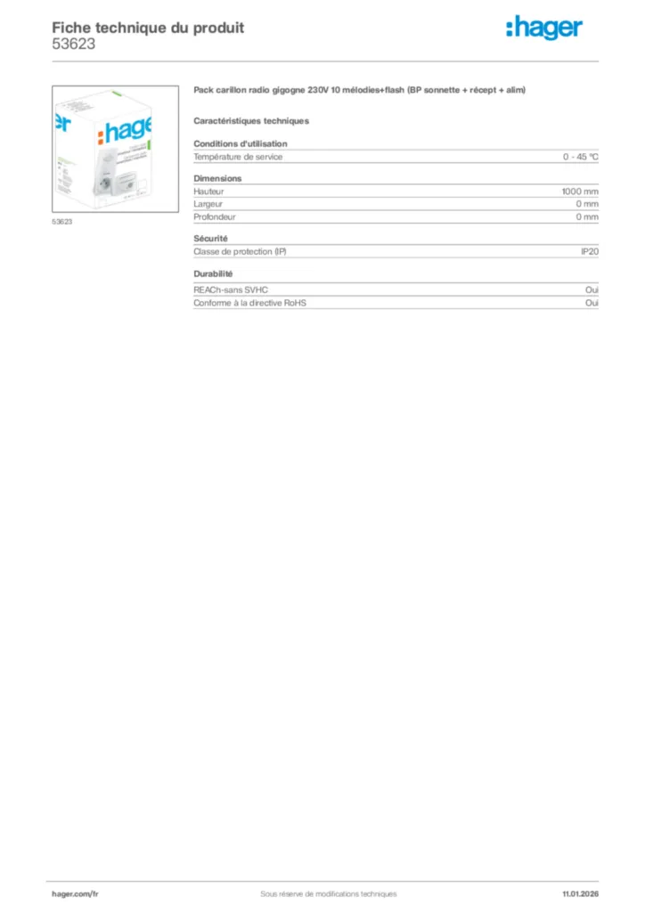 Image Hager Fiche technique du produit 53623 | Hager France