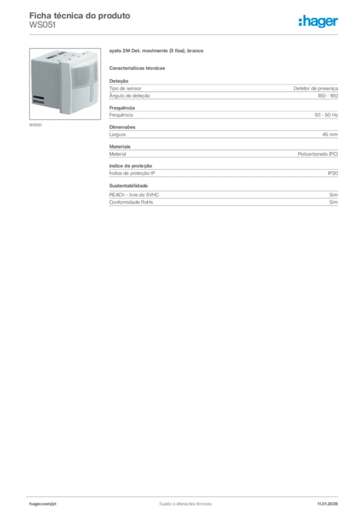 Imagem Hager Ficha técnica do produto WS051 | Hager Portugal