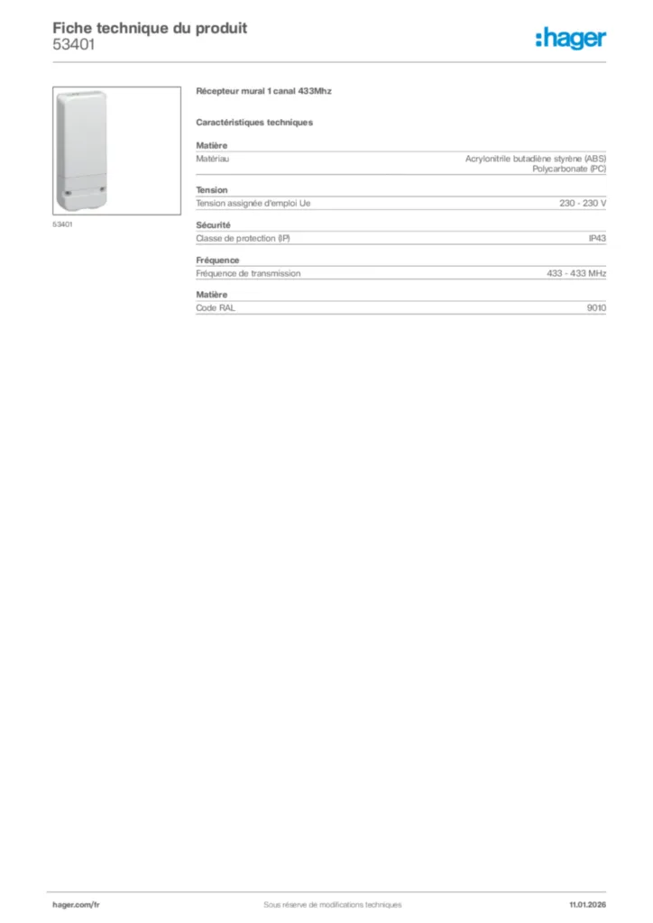 Image Hager Fiche technique du produit 53401 | Hager France