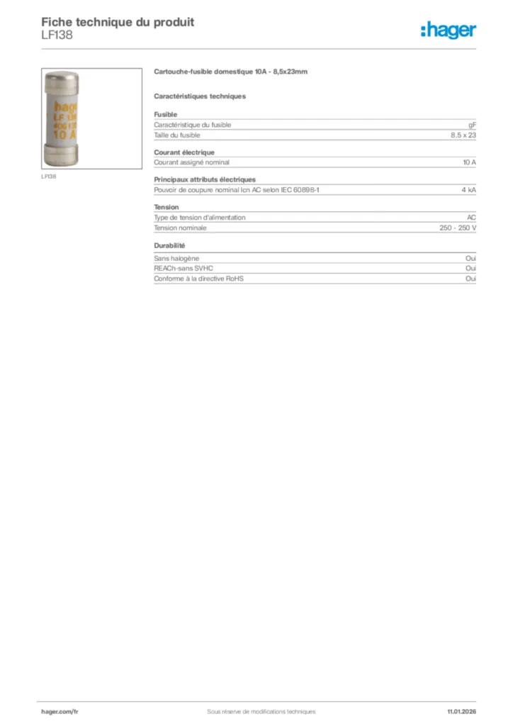 Image Hager Fiche technique du produit LF138 | Hager France