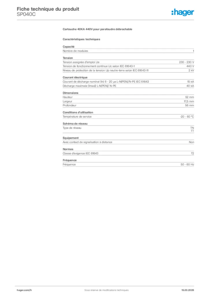 Image Hager Fiche technique du produit SP040C | Hager France