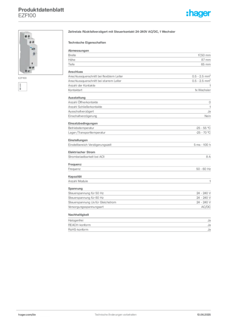 Bild Hager Produktdatenblatt EZF100 | Hager Deutschland
