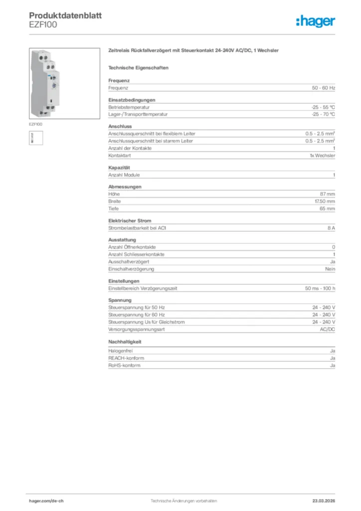 Bild Hager Produktdatenblatt EZF100 | Hager Schweiz