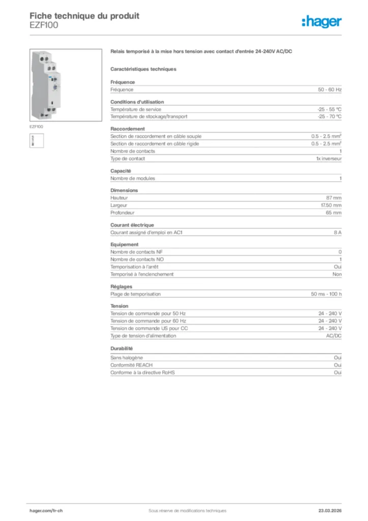 Image Hager Fiche technique du produit EZF100 | Hager Suisse