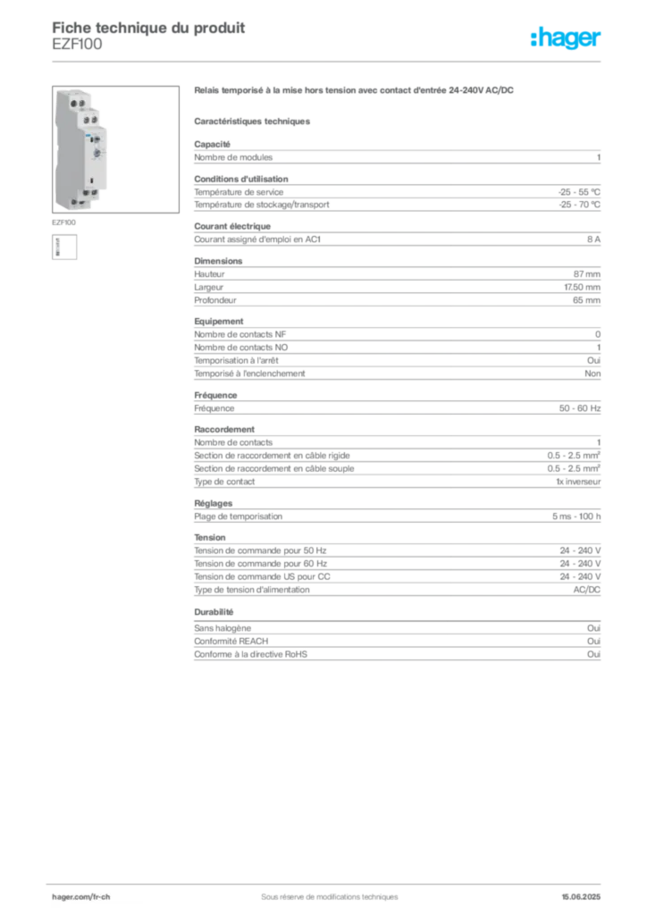 Image Hager Fiche technique du produit EZF100 | Hager Suisse