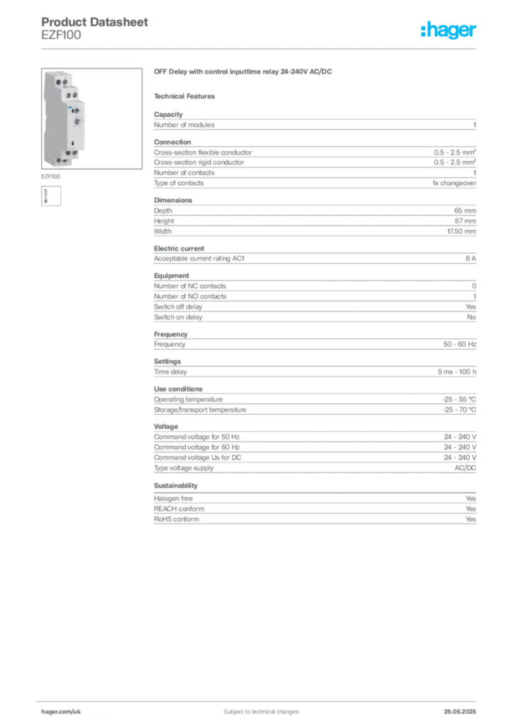 Image Hager Product data sheet EZF100  | Hager