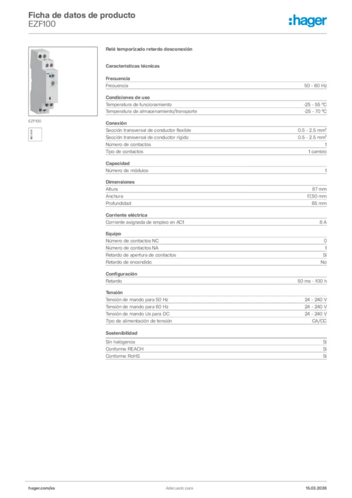 Imagen Hager Ficha de datos de producto EZF100 | Hager España