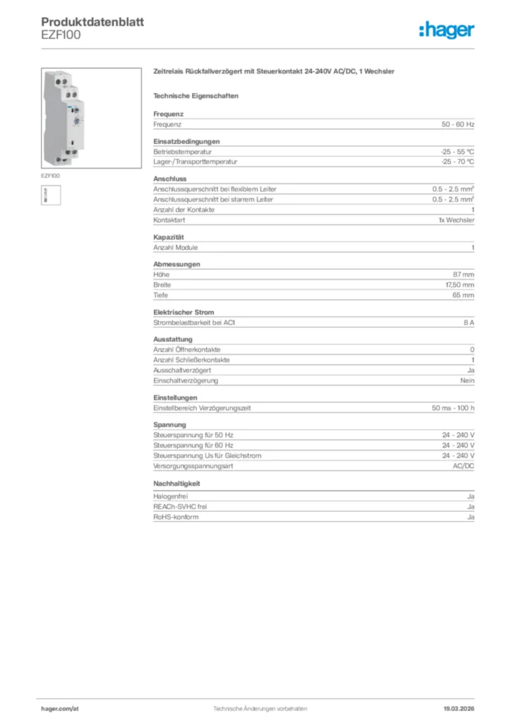 Bild Hager Produktdatenblatt EZF100 | Hager Deutschland