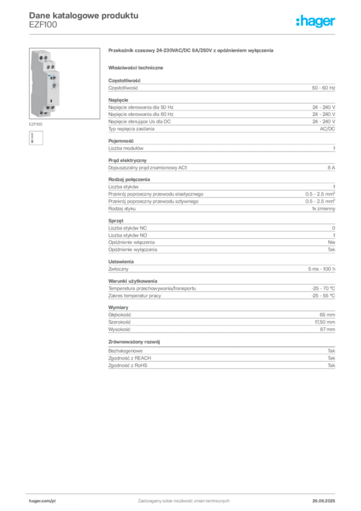 Zdjęcie Hager Dane katalogowe produktu EZF100 | Hager Polska