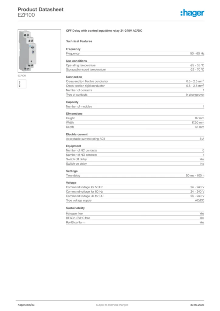 Image Hager Product data sheet EZF100  | Hager Australia