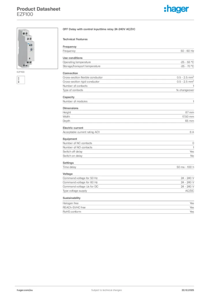 Image Hager Product data sheet EZF100  | Hager Australia