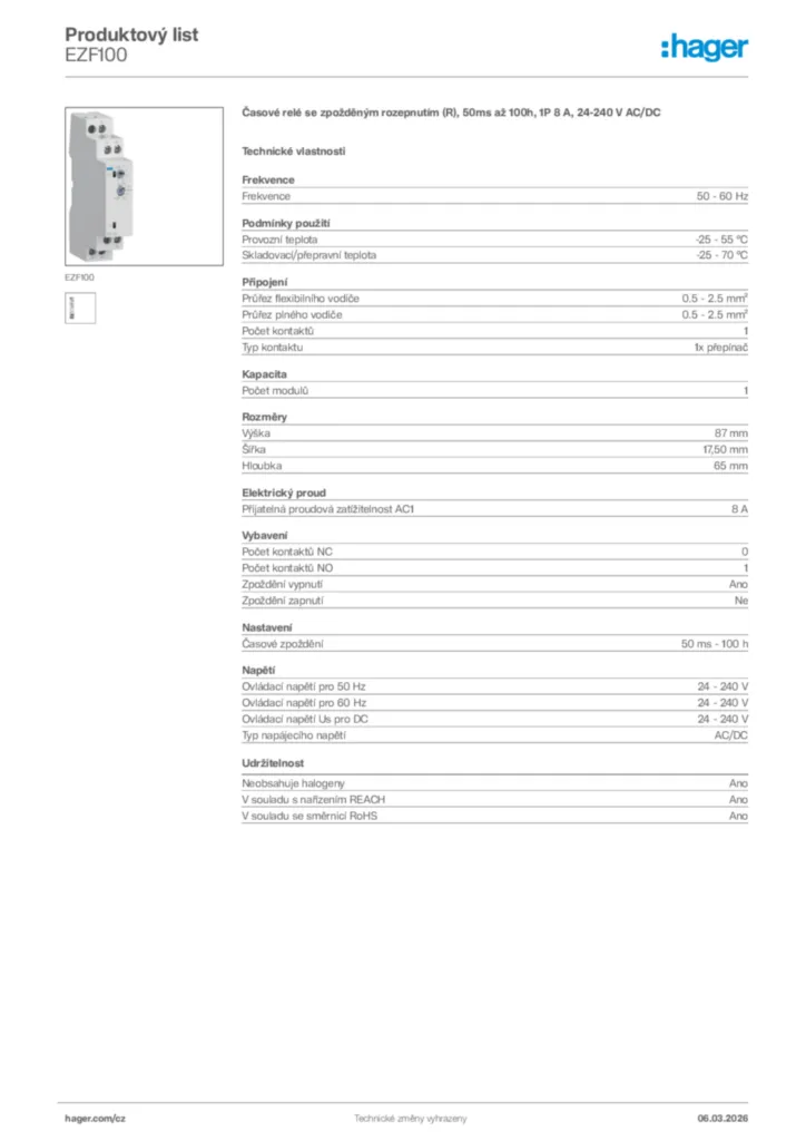 Obrázek Hager Product data sheet EZF100 | Hager