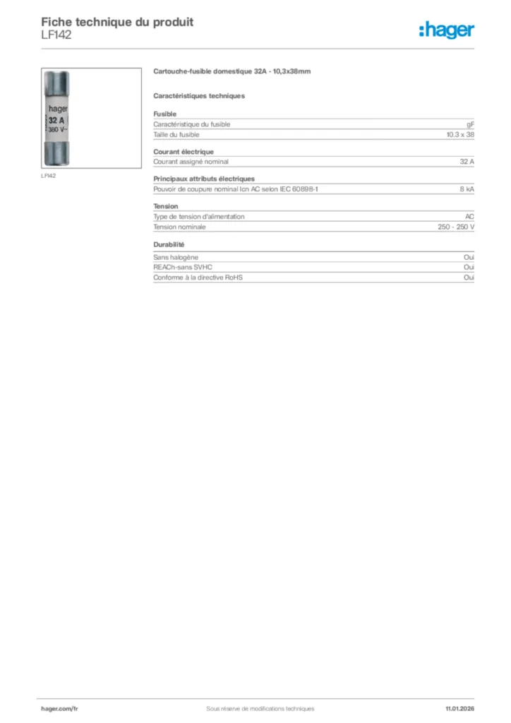 Image Hager Fiche technique du produit LF142 | Hager France