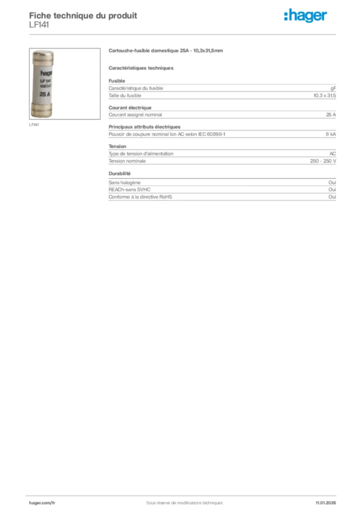 Image Hager Fiche technique du produit LF141 | Hager France