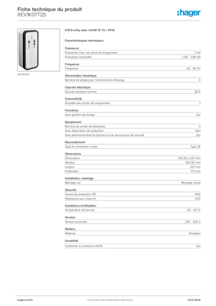 Image Hager Fiche technique du produit XEV1K07T2S | Hager France