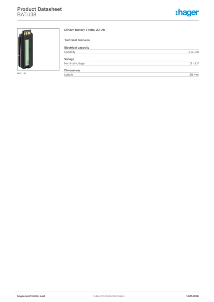 Image Hager Product data sheet BATLI38  | Hager