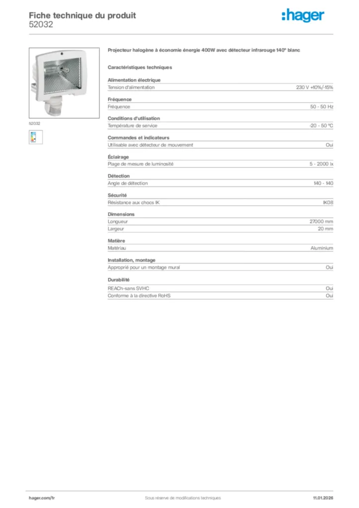 Image Hager Fiche technique du produit 52032 | Hager France