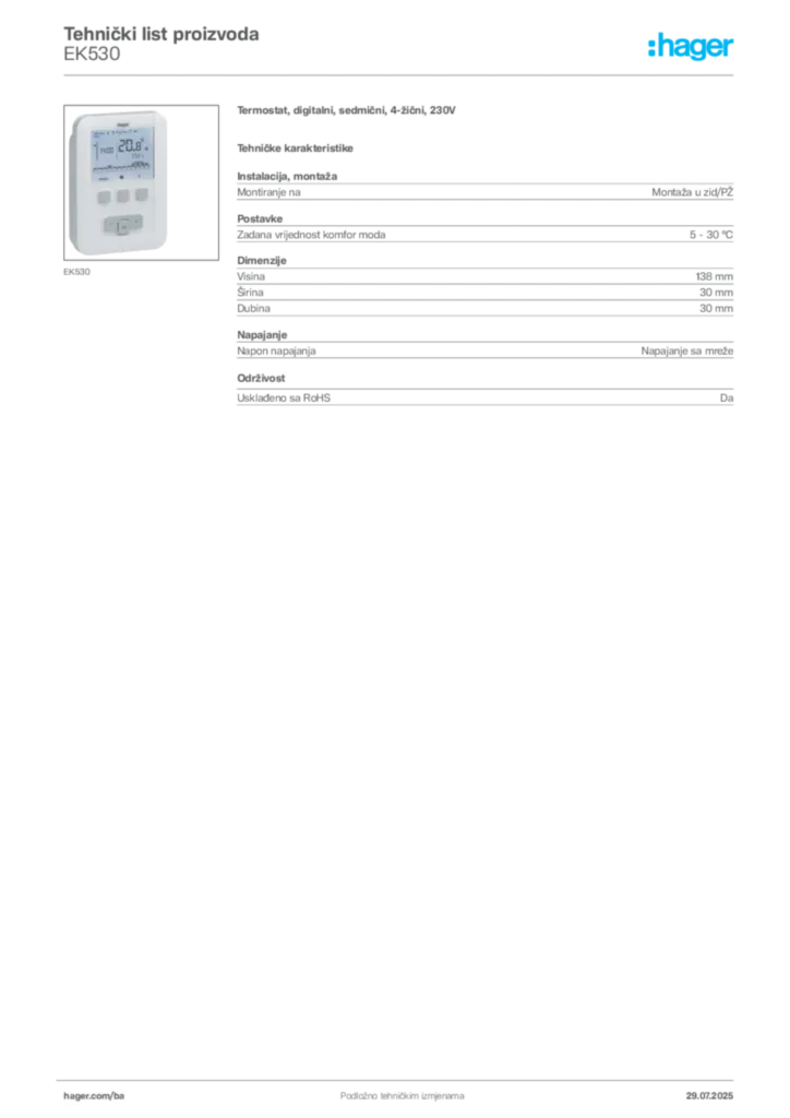 Slika Hager Product data sheet EK530  | Hager