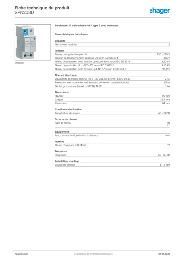 Image Hager Fiche technique du produit SPN208D | Hager France
